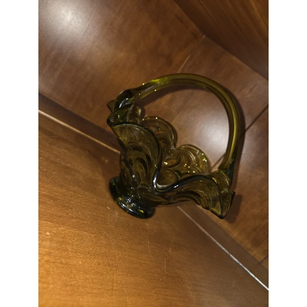 Vintage Olive Green Glass Basket Handle Glass Ruffle Rim Vintage